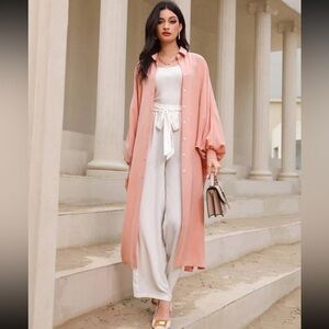 Button Up Bishop Sleeve Split Hem Blouse